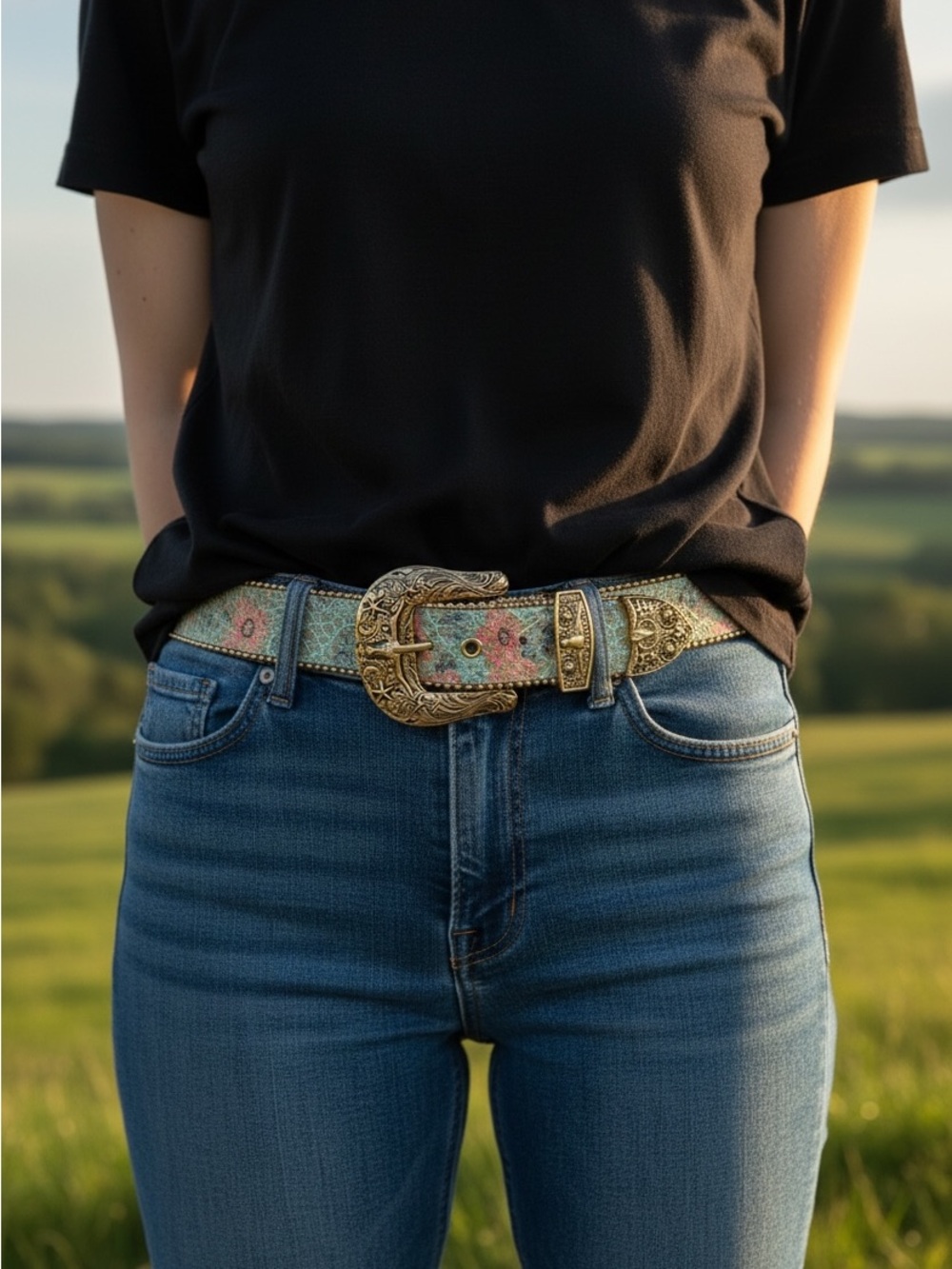 Embroidered Floral Western Belt with Ornate Gold Buckle - Women's
